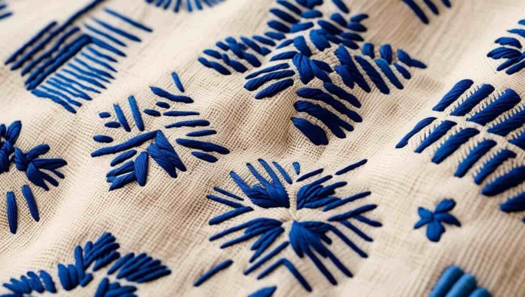 Sashiko-Technik auf weißem Stoff mit blauer Stickerei