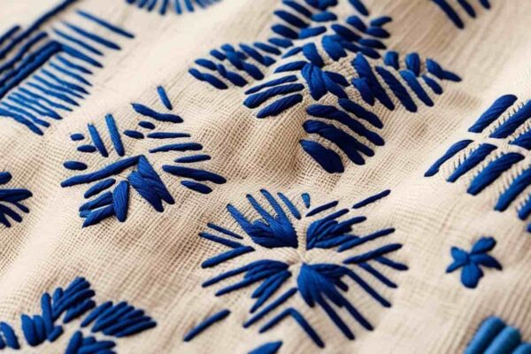 Sashiko-Technik auf weißem Stoff mit blauer Stickerei
