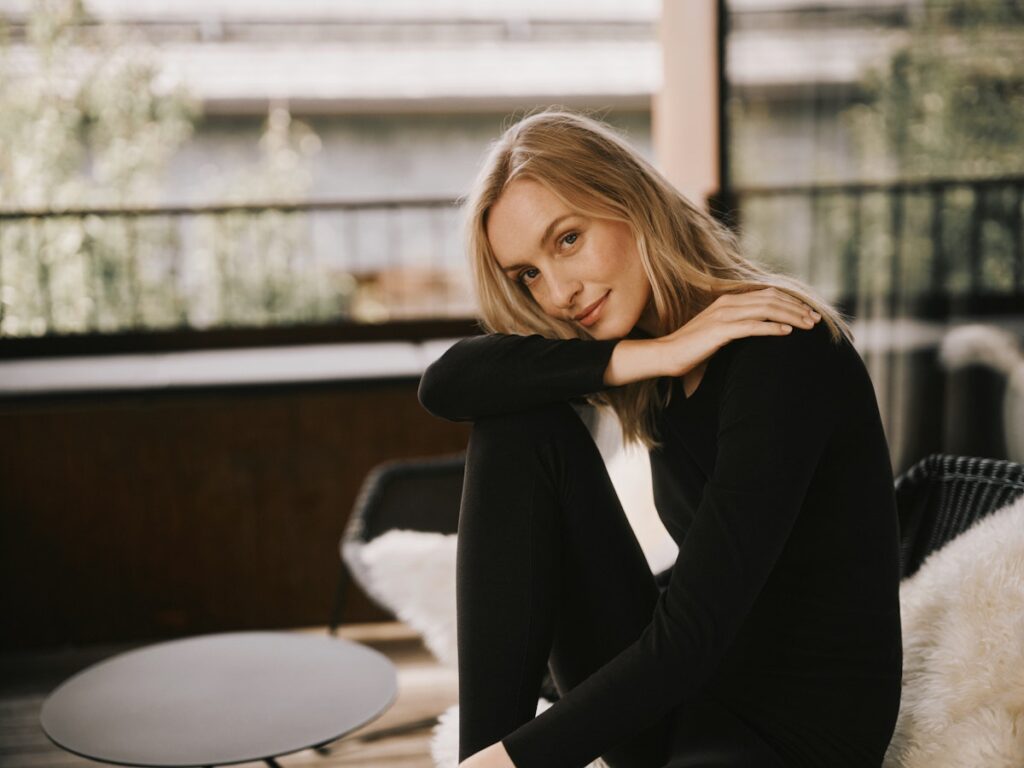 Model sitzt in warmer, schwarzer Winterwäsche