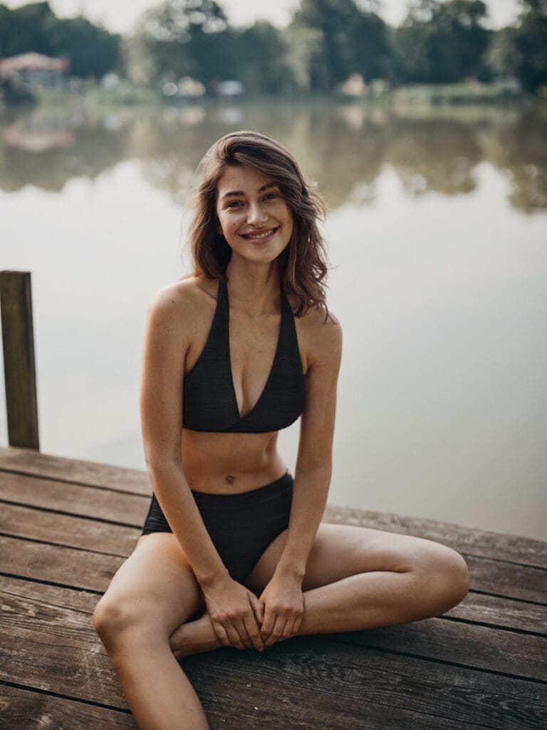 Model in einem schwarzen SCHIESSER Bikini sitzt auf einem Steg am See