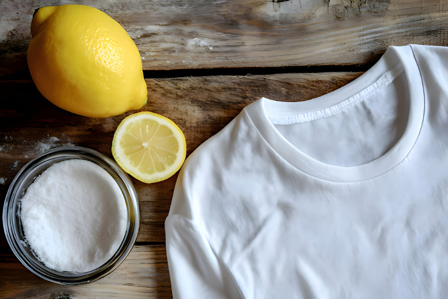 Zitrone, Natron und weißes T-Shirt auf Holztisch – Hausmittel, um Schweißgerüche aus Kleidung effektiv zu entfernen.