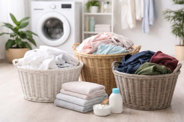 Wäschekörbe vor der Waschmaschine