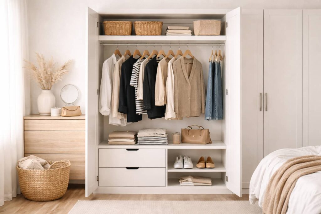 Capsule Wardrobe mit neutralen Kleidungsstücken ordentlich im Kleiderschrank organisiert.