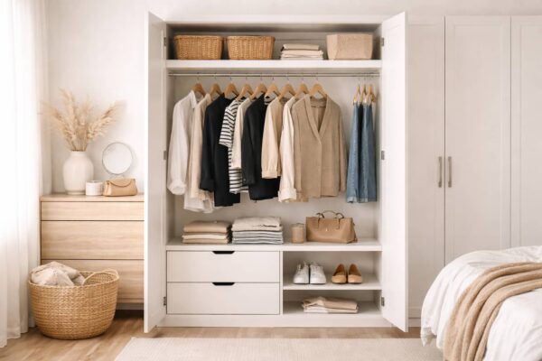 Capsule Wardrobe mit neutralen Kleidungsstücken ordentlich im Kleiderschrank organisiert.