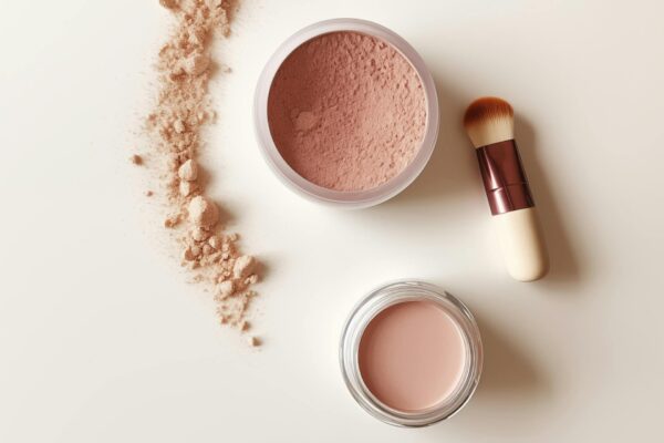 Puder Creme Make up und Schminkpinsel als Symbol für das Entfernen von Make up Flecken aus Kleidung.