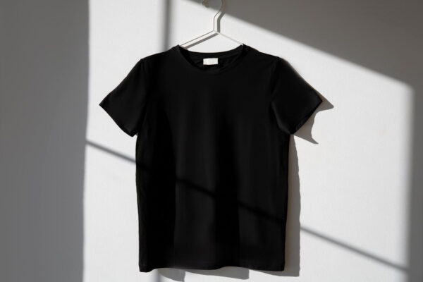 Schwarzes T-Shirt hängt im Sonnenlicht an einem Kleiderbügel und veranschaulicht die richtige Pflege schwarzer Kleidung zur Erhaltung der Farbintensität.