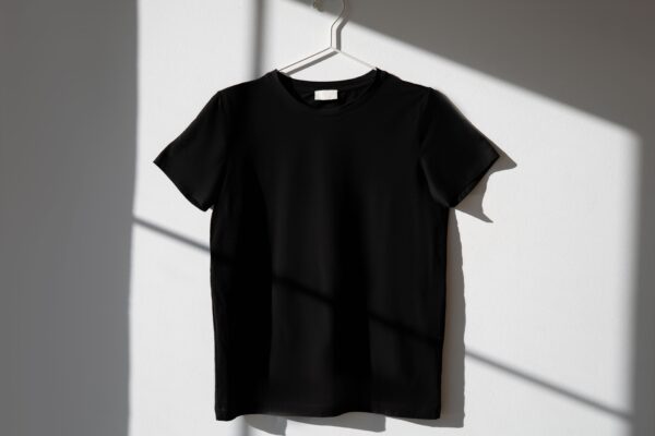 Schwarzes Shirt am Kleiderbügel